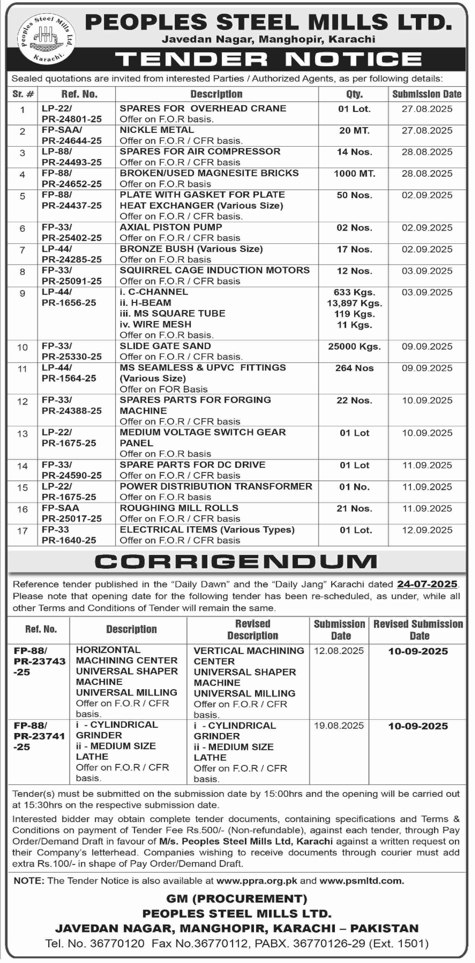 Peoples Steel Mills Limited Karachi Tender Notice
